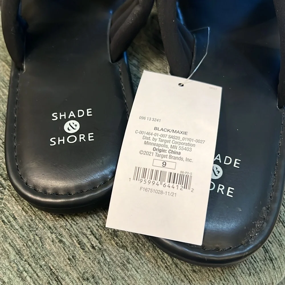 Shade & Shore Maxie Crossband Slide Sandals Black Size 9 NWT Comfort